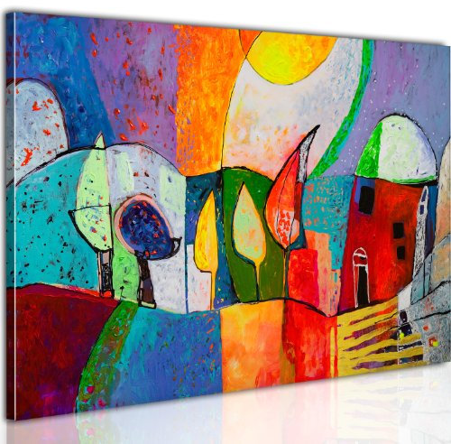 B&D XXL - Tableau décoratif moderne 120x80 cm - Impression sur toile colorée - Décoration murale pour salon et chambre - Rouge jaune beige bleu - Cabane dans les arbres de la ville colorée 0104-12
