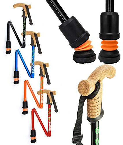 Flexyfoot Shock Absorbing Cork Handle Folding Walking Stick - Improved Comfort, Improved Grip, Improved Safety – Colour: Black