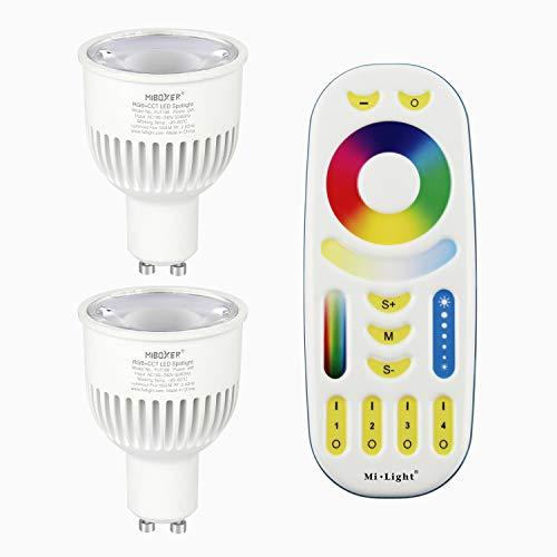 LIGHTEU®, Milight Miboxer 2x 6W GU10 RGB + CCT LED Farbwechsel und CCT WW CW Temperatur einstellbar mit einer 4-Zonen Fernbedienung (2x FUT106 + FUT092)