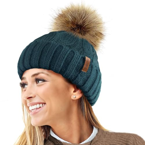TOSKATOK Damen Chunky weichen Kabel Stricken Hut mit gem�tlichem Fleecefutter und abnehmbarem Kunstpelz Pompom-Teal