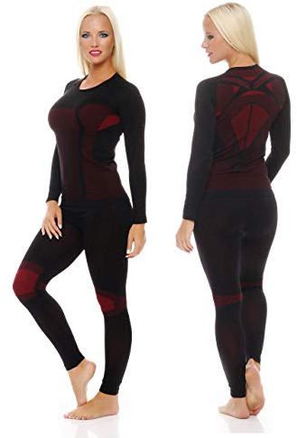Skiunterwäsche für Damen als Hemd-Hose-Set oder 2 Hemden oder 2 Hosen auswählbar, Lang oder Kurz-Arm, funktionelle Thermowäsche seamless ohne störende Nähte, 1x Set Langarm Schwarz/Rot, S/M