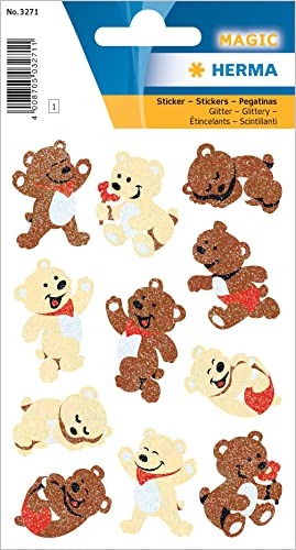 HERMA 3271 Aufkleber Bärchen Glitzer klein groß, 11 Stück, Tiere Sticker mit Bären Teddybär Motiv, Kinder Etiketten für Fotoalbum Tagebuch Poesiealbum Scrapbooking Geburtstag Deko Briefe DIY Basteln