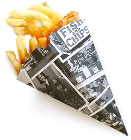 chip cone PACK 50 DISPOSABLE THICK PAPER - NEWSPAPER PRINT (CE230)