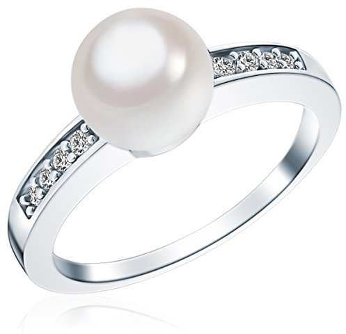 Rafaela Donata Damen-Ring 925/- Sterling Silber mit Muschelkernperle 8 mm Rund Weiß und Zirkonia - Silberring mit Perle und Zirkonia Perlenring