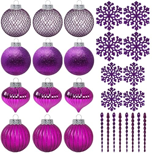 SLEETLY 28pk Bauble Purple Ornaments for Christmas Tree Holiday Xmas Decorations, Shatterproof Plastic 3.15 Baubles, Icicles and Snowflakes