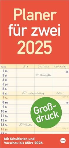 Großdruck Planer für zwei 2025: Praktischer Wandplaner für 2 mit extra großer Schrift und 3 Spalten. Wandkalender mit Schulferien und 3-Monats-Ausblick. Terminkalender 2025 (Bürokalender Heye)