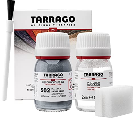 Tarrago | Kit de colorant auto-brillant 25 ml | Teinture auto-brillante pour chaussures et accessoires et préparateur | Couvre les éraflures et l'usure des chaussures | Vieil argent (502)