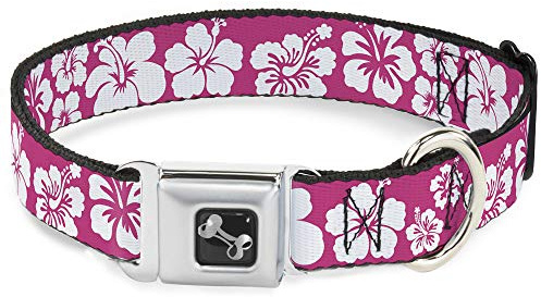 Buckle Down Hibiscus Rose Fluo/Blanc Collier de Chien en Forme d'os, Large Medium/16–58,4 cm