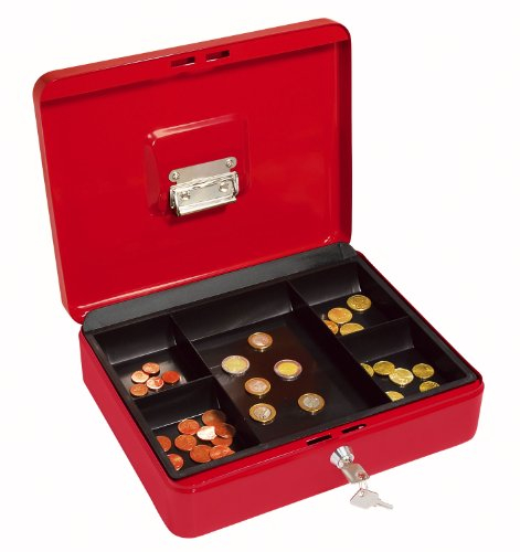 WEDO 145402H Geldkassette aus pulverbeschichtetem Stahl, Geldnoten- und Belegeklammer, 5-Fächer-Münzeinsatz, Sicherheits-Zylinderschloss, Rot