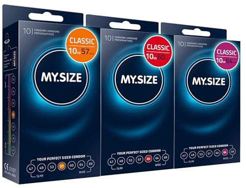 MY.SIZE Kondome - 3 x 10er set 57, 60, 64 mm 3x10 Stück extra dünn | mit Natürlichem Hautgefühl | Wandstärke von 0,07 mm