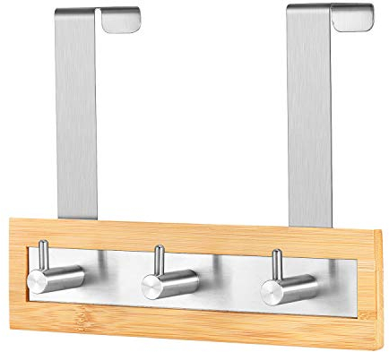 ToiletTree Products Bamboo Wood & Stainless Steel Over The Door Towel Rack, 3 Hooks