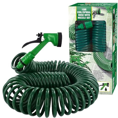 15m 50ft Retractable Coil Hose - Garden Spray Gun 5 Function Pipe Reel Nozzle Tap Metre | Gardening Set Tough Kink Resistant Hardened Lightweight Retractable Coil