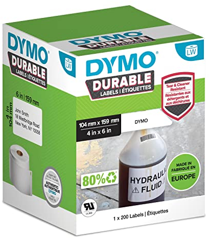 DYMO Original LabelWriter Hochleistungs-Etiketten | 104 mm x 159 mm | weißes Kunststoff-Etikett | Rolle mit 200 Etiketten | für LabelWriter-Beschriftungsgerät