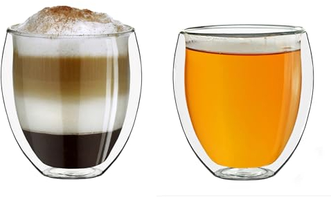 Creano doppelwandige Gläser 250ml „DG-Bauchig“, 2er Set, großes Thermoglas doppelwandig aus Borosilikatglas, Kaffeegläser, Teegläser, Latte Gläser, Doppelwandgläser