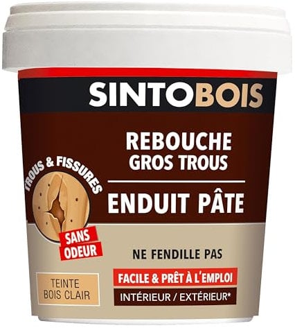 SINTOBOIS - Reboucher les gros trous - Mastic - Prêt à l'emploi - Poncer et peindre - Intérieur et extérieur - S'utilise comme un mastic - Ne se fissure pas - Technique professionnelle - 1 Kg