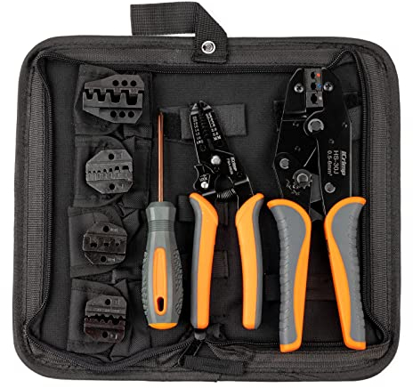 IWISS Crimpzange Set mit 5 wechselbaren Einsätzen, Abisolierzange, Schraubendreher und Oxford-Paket – mehrfunktional Crimpwerkzeug Kit 0,5-35 mm²