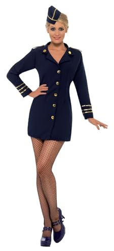 Smiffys Flight Attendant Costume, Navy Blue with Dress and Hat, Icons & Idols Fancy Dress, Adult Dress Up Costumes
