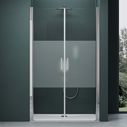 Mai & Mai Duschtür Nischentür dusche Duschabtrennung Duschkabine Schwingtür 180° Doppeltür 6mm ESG Nano-Beschichtung Satiniert Streifen mit Hebe- und Senkmechanismus 80x195cm Teramo24VS