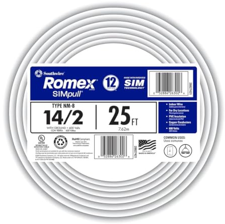 Southwire Romex™ Brand Simpull Solid Indoor 14/2 W/G NMB Cable 25ft coil - SW# 28827421