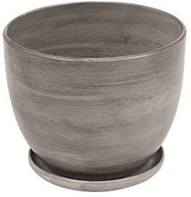 Pot de Fleur ceramique Baril avec Support Soucoupe Hauteur 13 cm diametre 16 cm Gris