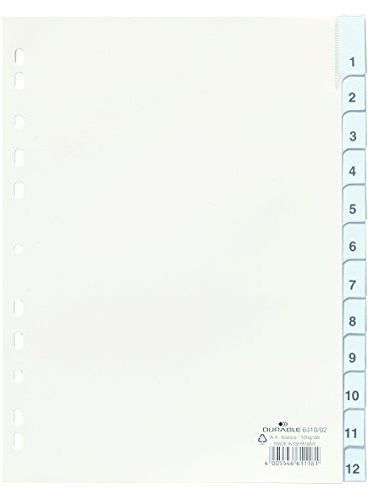 Durable Blanko-Register aus PP, A4 hoch, volldeckend, 1-12 beziehungsweise Januar-Dezember, weiß, 641002