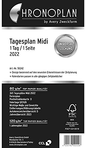 Chronoplan 50242 Calendar Insert 2022, Daily Plan in Midi Format (96 x 172 mm), Replacement Calendar, Ideal for Detailed Daily Planning, Multi-Punched (1 Day on 1 Page), White