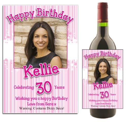 Personalised Pink Stripe Wine/Champagne Bottle Photo Label ~ Happy 18TH 21ST 30TH 40TH 50TH Birthday Gift Idea N33 Any Age
