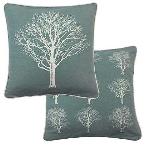 2 X Forest Trees Duck Egg Blue White 100% Cotton Piped Cushion Cover 17 - 43CM