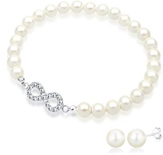 Elli Schmuckset Damen Infinity mit Süßwasserzuchtperlen und Kristalle in 925 Sterling Silber