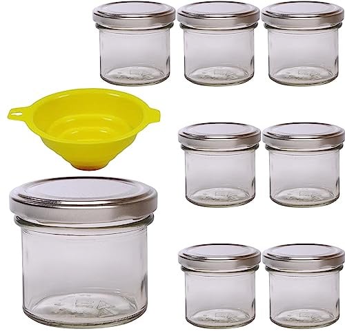 mikken - 8 x Marmeladenglas 125 ml mit silberfarbenem Verschluss, runde Sturzgläser als Einmachgläser, Gewürzgläser, Glasdosen etc. verwendbar (inkl. Trichter)