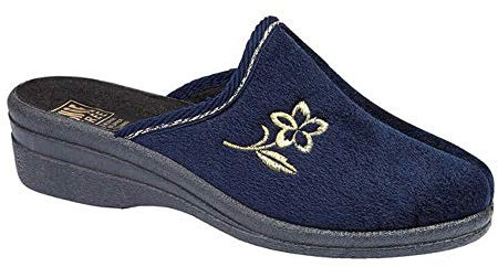 Ladies Fleece Helen Comfort Warm Velour House Slip On Wedge Mules Slippers Shoe Navy 7 UK