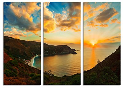 Paul Sinus Art 130x90cm – Keilrahmenbild schöner Sonnenuntergang Meer Griechenland Landschaft 3teiliges Wandbild auf Leinwand und Keilrahmen - Fotobild Kunstdruck Artprint