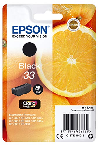 Epson Original 33 Tinte Orange (XP-530, XP-630, XP-635, XP-830, XP-540, XP-640, XP-645, XP-900, XP-7100), schwarz