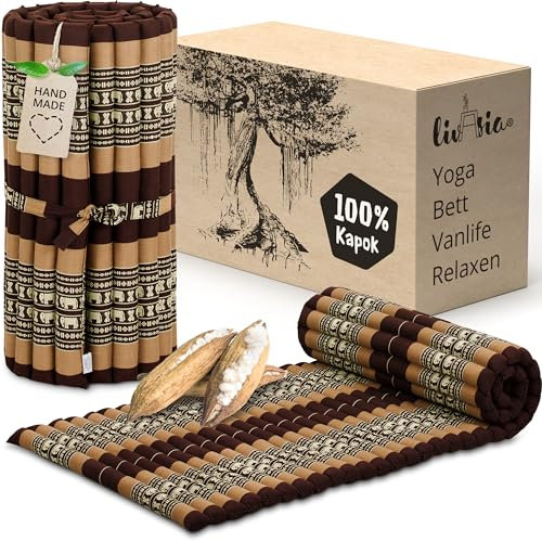 livasia Rollmatte Rollmatratze M schmal Einzelbett - 200x75x4,5cm - Gästebett Gästematratze 1 Person mit Muster, Reisebett Kofferraum outdoor, Thaimatte Kapok Garten handgefertigt (Braun/Elefanten)
