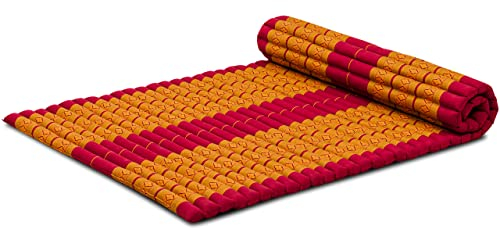 livasia Rollmatte Rollmatratze L breit bequem - 200x110x4,5cm - Gästebett Gästematratze 1 Person, Reisebett Kofferraum Outdoor, Thaimatte Kapok Garten Balkon handgefertigt (Rot/Gelb)