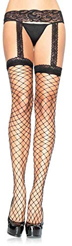 Leg Avenue Women's Fishnet Lace Stockings with Attached Garter Belt, Black Fence Net, One Size
