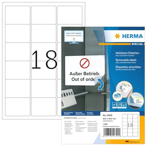 HERMA 10302 Universal Etiketten ablösbar, 100 Blatt, 63,5 x 46,6 mm, 18 pro A4 Bogen, 1800 Stück, selbstklebend, bedruckbar, matt, blanko Papier Klebeetiketten Aufkleber, weiß