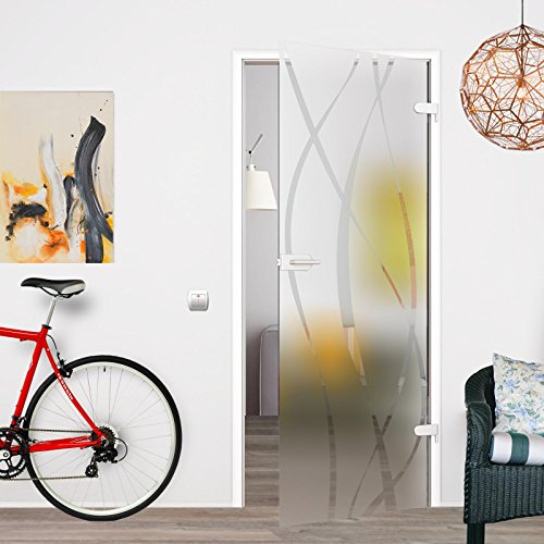 BM6-834R-UV: Glasdrehtür, ESG Glas 834x1972x8mm, DIN rechts, Siebdruck M6, mit Beschlag inkl. Schlosskasten UV unverschliessbar