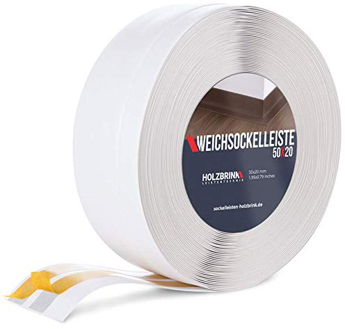 HOLZBRINK Weichsockelleiste selbstklebend PVC 50x20mm, 15 m | Winkelleiste für Küchenarbeitsplatte, Bodenbelag | Eckleiste selbstklebend | Farbe: Weiß