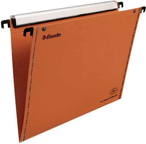 Esselte VGM VisioPlus - Dossiers Suspendus A4 Verticaux, Capacité 100 Feuilles, Fond en V, Entraxe 330 mm, Porte-Étiquette XL Intégré, Lot de 10, Orange, 49965