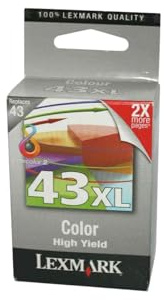Lexmark # 43 x l Tintenpatrone für Drucker (Cyan, Magenta, Gelb, Lexmark X9350, X4850, X6570, X6570, X6575, X4875, X4950, X4975, X4950, X4975ve, P350, Tintenstrahl, 3072 Stück (S), 0,06 g (0.00212 oz), 70 x 38 x 98 mm)