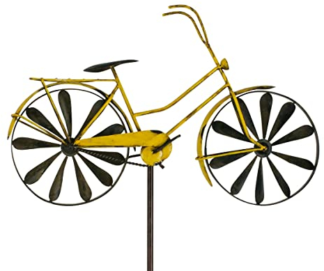 CIM Metall Gartenstecker mit Windrad - Bicycle Yellow - Motivmaße: 51 x 32cm - Höhe: 160cm - wetterfest - mit Antik-Effekt – attraktive Gartendekoration