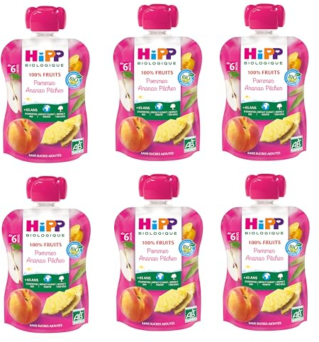 Hipp Biologique Set de 6 Gourdes de Pommes Ananas Pêches 90 g