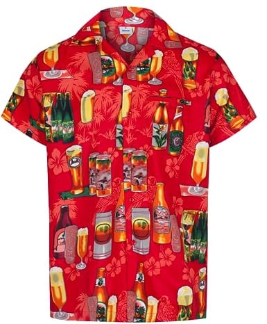 REDSTAR Mens Hawaiian Shirt Short Sleeve STAG Beach Holiday Beer Bottle Design Fancy Dress Hawaii (Large, Red)