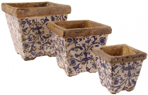 Esschert Design Blumentopf, Blumengefäß 3er-Set in blau-weiß aus Keramik, quadratisch, Verschiedene Größen