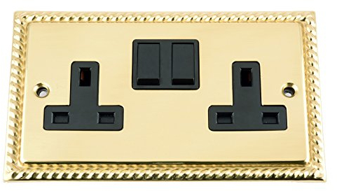 Socket 2 Gang - Polished Brass Georgian - Black Insert Plastic Switch - 13A Double Wall Plug Socket