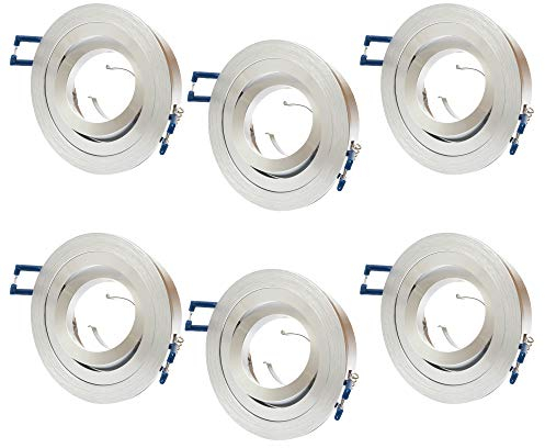 6x ALU Einbaustrahler GU10 Set – 6 Stück Aluminium Einbaurahmen Rund in Silber gebürstet Optik Inkl. GU10 Fassung für LED oder Halogen Leuchtmittel, 30° Schwenkbar, Rund, 230V