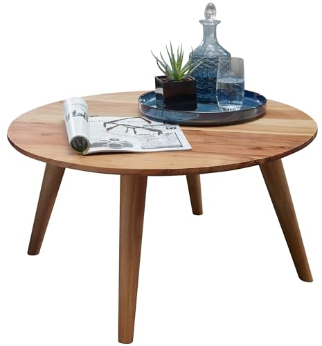 FineBuy Couchtisch Massivholz Akazie, Wohnzimmertisch rund Ø75 x 40 cm, Beistelltisch mit 4 Beinen im Landhausstil
