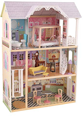 KidKraft Kaylee Puppenhaus aus Holz mit Möbeln und Zubehör, Spielset mit Aufzug und Himmelbett für 30 cm große Puppen, Spielzeug für Kinder ab 3 Jahre, 65869
