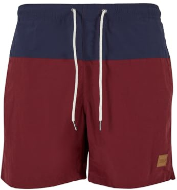 Urban Classics Herren Block Swim Shorts – Badeshorts mit Kordelzug & Taschen, schnelltrocknend, ideal für Strand, Pool & Urlaub,NVY/Burgundy,S